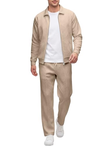 UOUA Mens 2 Piece Tracksuits Set Casual Jacquard Sweatsuits Outfits Full-Zip Jakcet & Loose Jogging Pants Khaki XL