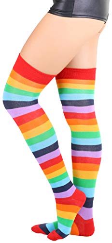 Image of ToBeInStyle Women's Bright Vibrant Rainbow Striped Thigh High Rave Stockings