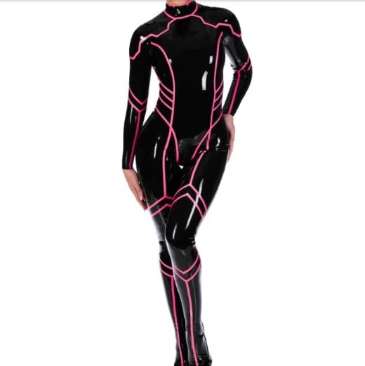 100% Latex Gummi Schwarz Catsuit Racing Suit Kostüm Anzug Zipper 0.4mm XS-XXL