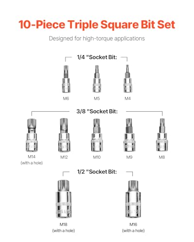 Image of VEVOR XZN Triple Square Spline Bit Socket Set, 10-Piece M4 - M18, Premium Cr-V Steel, 1 /4 in, 3 /8 in, and 1 /2 in Drives, with Enhanced Storage Case, Triple Square Socket Set for Hand Use, Automotive
