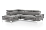 Mivano Eckcouch Gisele / Ecksofa mit Schlaffunktion, Stauraum, Armteilfunktion und Kopfteilverstellung / 256 x 83 x 209 / Velours, Graubraun