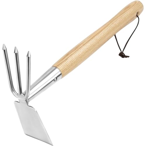 Hoe and Cultivator Garden Rake Hand Tiller Tool Wood Handle Double Sided Cultivator Versatile Tool for Digging,Loosening Soil,Weeding,Breaking Up Soil,Cultivating,Preparing Seedbeds Combination Garden