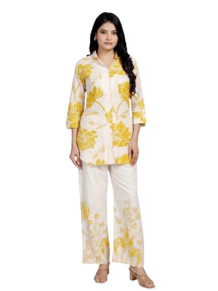 Women Cotton Yellow Regular Print Regular Size Co-Ord Set-image-42