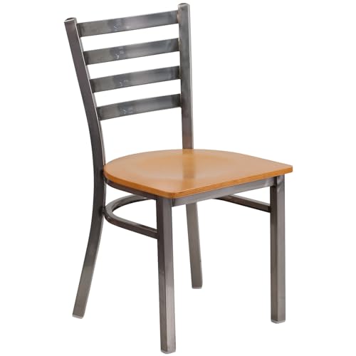 Image of Flash Furniture HERCULES Series Clear Coated Ladder Back Metal Restaurant Chair - Natural Wood Seat