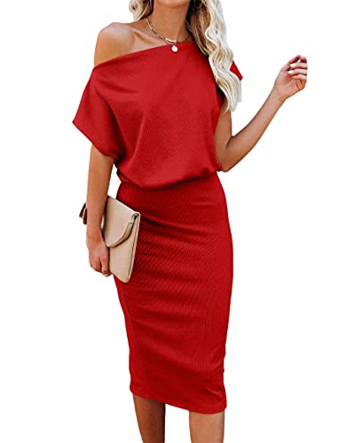 Image of EZBELLE Women's Summer Dress Off The Shoulder Short Sleeve Ribbed Casual Party Bodycon Midi Dresses