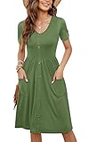 MOLERANI Women Summer Casual Short Sleeve Dresses Button Down Skater Dress with Pockets,Army Green,XL