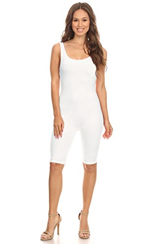 Women Sleeveless Stretch Skinny Solid Knee Length Sport Unitard Bodysuits Active (3X-Large, White)