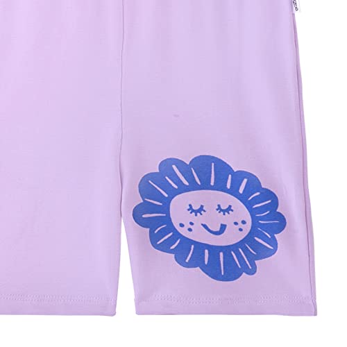 Image of YouGotPlanB Girl's Flower Face Purple & Blue Cycling Shorts | Slim fit | Cotton Blended | High Waist | Printed Above Knee Shorts | No-Mark Elastic | Breathable & Stretchy