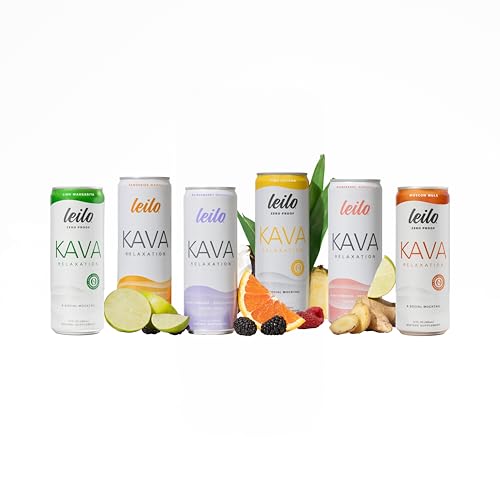 LEILO | Kava Powered Sparkling Relaxation Drink | Variety Sampler 6-Pack - Non-ALC Calming Beverage - Includes (3) Classic & (3) Mocktail Flavors | 12 fl oz Cans (Pack of 6)