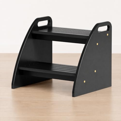 Image of Bamboo 2 Step Stool 300lbs Capacity, Wooden Two Step Stool with Non-Slip Handles, Heavy Duty Stepping Stool for Bedside High Beds Adults, Sturdy Small Bathroom Kitchen Black Step Stool