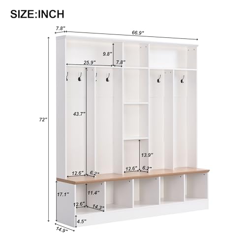 Image of Merax 66.9 inch Wide Hall Tree with Storage Bench, Shoe Cabinet with Cube, & Shelves, Coat Rack with 8 Hooks for Entryways