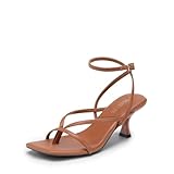 DREAM PAIRS Women's kitten Low Strappy Lace Up Heels Open Square Toe Thong Ankle Strap Heels Sexy Fashion Comfort Dress Shoes Party Sylvestra Pumps Heeled Sandals,Size 8,Brown-Pu,SDHS2405W