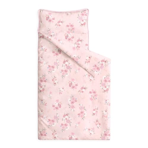 Image of Wake In Cloud - Toddler Nap Mat with Pillow and Blanket, 100% Cotton Fabric, for Kids Girls Ages 3 Plus in Daycare Kindergarten Preschool, Roll Up Sleeping Bag, Floral Flowers