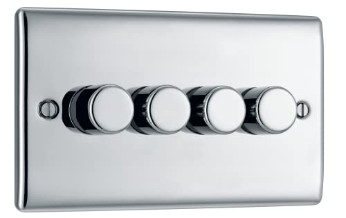 BG Electrical Intelligent Quadruple Wall Dimmer Switch, 2 Way, Raised Profile, Round Edges, Nexus Metal, Polished Chrome 200W, NPC84