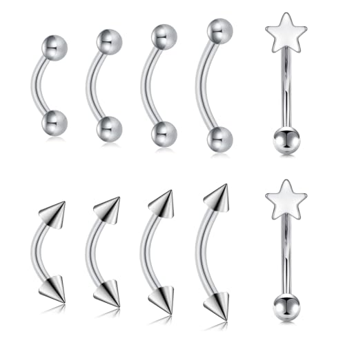 MODRSA Barbell Curvado de Acero Inoxidable 16G - Piercing para Labio, Ceja, Labret, Helix, Rook, Cartílago y Oreja - Anillo de Plata 6/8/10/12mm