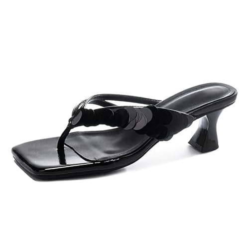 Image of Goolita Women's Suede Sequin Kitten Heels Flip Flops Open Square Toe Strappy Thong Slide Heeled Sandals Comfort Prom Party Mules Heels