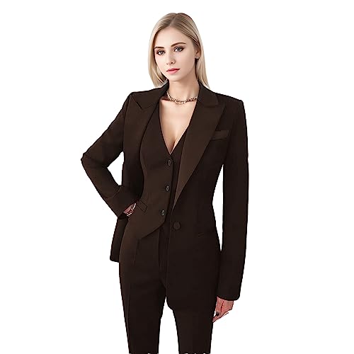Women's Suiting Pantsuit Business Casual Outfits Women Work Office Pant Suits for Women 3 Piece Set, Brown, 12