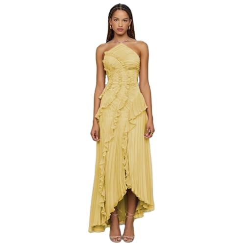 Women Ruffle Pleated Long Dress Sleeveless Halter...