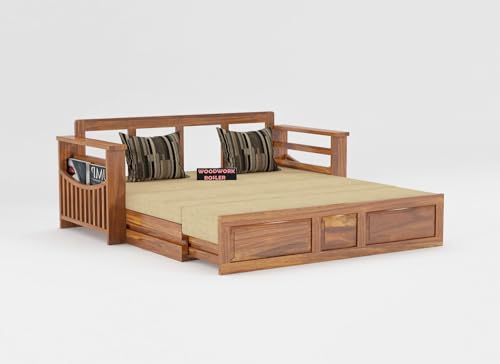 Image of Solid Sheesham Wooden Sofa Cums Bed with Mattresses for Living Room|Rosewood 3-Person Sofa Cums Bed for Bedroom Without Pillow (F-Walnut Finish)