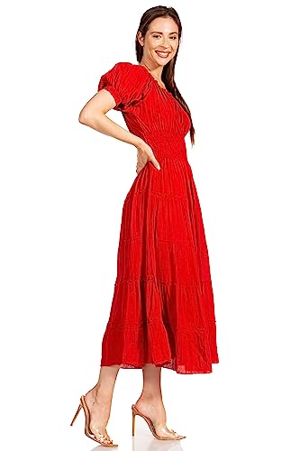 Image of Sakkas Cotton Crepe Smocked Peasant Gypsy Boho Renaissance Mid Length Dress