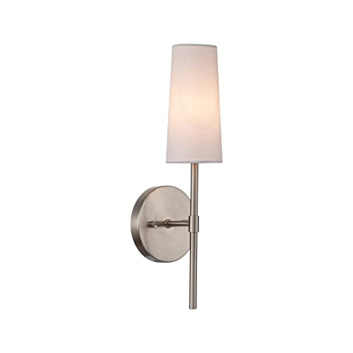Image of Aspen Creative 62719-09-1, 1 Light Indoor Wall Fixture, 4-3 /4 inch W x 14-5 /8 inch H x 5-1 /8 inch E, Satin Nickel Finish w /White Fabric Shade, Bulb Not Included