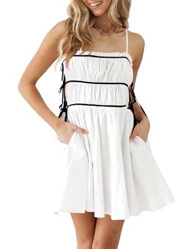 Wenrine Womens Summer Spaghetti Strap Mini Dress Sleeveless Tie Strap Smocked Contrast Color Casual Ruffle Beach Sundress White