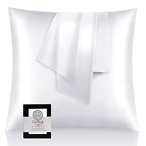 OLESILK Taie d'oreiller en soie naturelle de mûrier 19 Mommes: prend soin de votre peau et moins de perte de cheveux - Blanche, 65x65cm
