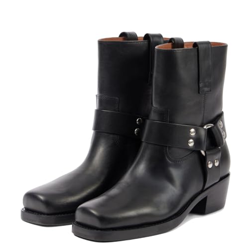 Arqa Suede Biker Boots for Women Square Toe Chunky Heel Studded Riding Ankle Boot Buckled Strap Motorcycle Booties