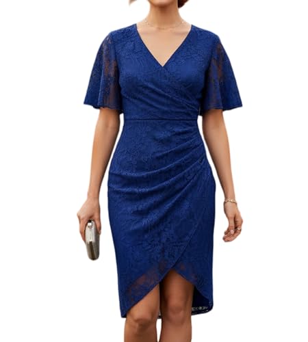 Image of Women's Wrap V Neck Asymmetrical Hem Midi Ruched Cocktail Evening Dress | Back Zipper, Regular Fit, Club Night, Semi Office Formal, Wedding Dinner Date, Flutter Short Sleeve