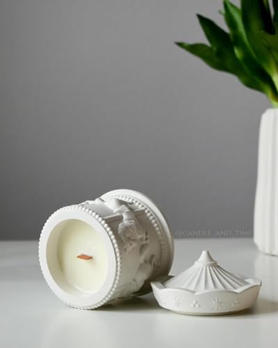 Image of White Ceramic Horse Design Soy Wax Candle, Decorative Jar with Embossed Pattern and Removable Lid, Home Decor and Aromatherapy
