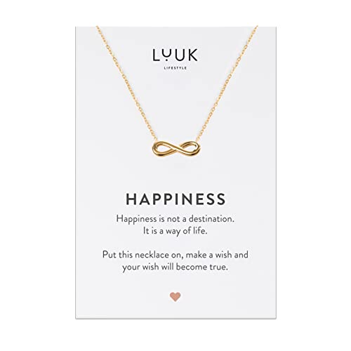 LUUK LIFESTYLE Necklace for women with Infinity pendant and HAPPINESS gift card modern and minimalist fashion accessory jewelry to offer girlfriend loved one proof of infinite love gold