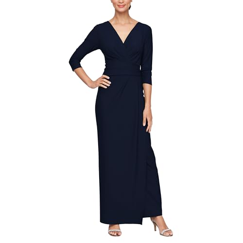 Alex Evenings Womens Slimming Long ¾ Sleeve Side-Ruched Dress-Elegant Compression Fabrication for a Flattering Fit