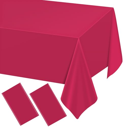 Image of WNINK 2 Pack Bright Red Plastic Tablecloth Disposable Table Covers 54 inch x 108 inch Table Cloths for Bridal Shower Engagement Wedding Birthday Picnic Parties