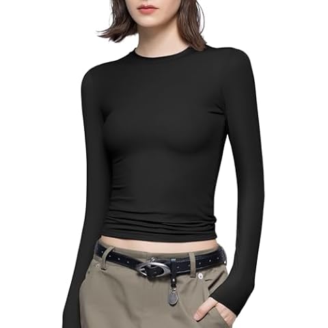 PUMIEY Long Sleeve Shirts for Women Slim Fit Tops Fall Fashion Basic Tee, Jet Black Large Cover