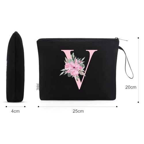Image of Vavabox A-Z Personalized Makeup Bag, Birthday Gifts for Women Mom, Gifts for Best Friend, Bride Bridesmaid Cosmetic bag (V, 02-Black)