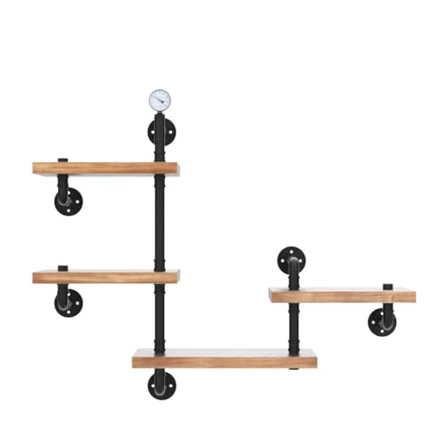 WAKI HOME Industrial Floating Pipe Wall Mounted Shelves Rustic Modern Wood Shelving Bookcase 4 Layer Ladder Steampunk Hanging Bookshelf for Home Bathroom Office Decor (4-Tier Ladder Shelves)