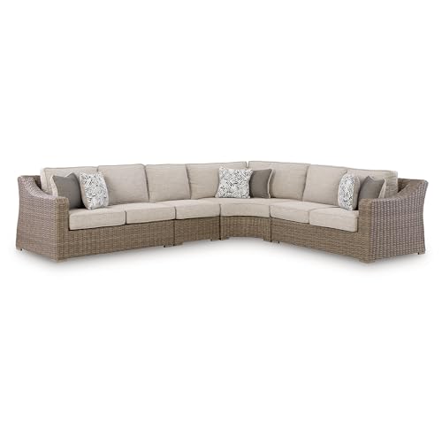 Image of Signature Design by Ashley Revare Beach Coastal Weather Resistant 4-Piece Outdoor Sectional with Removable Cushions and 6 Accent Pillows, Beige