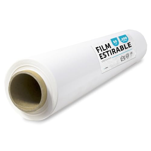 Film Blanco para Embalar, Plástico Cubretodo, Embalaje de Cajas de Mudanzas, Proteger Muebles y Envíos, Medidas 50 cm x 200 m Estirables · M-Office (1 ud)