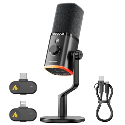 MAONO PD100W Wireless Microphone for iPhone, Android Phone,PC,Desktop Mic with USB-C/Lightning Receiver for Content Creator Recording,Podcasting,Gamin