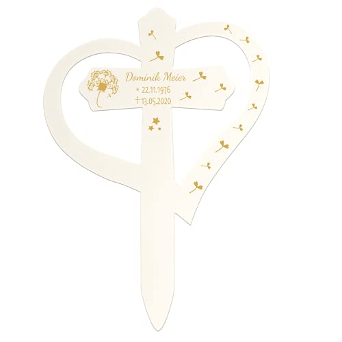 Livingstyle & Wanddesign Grabkreuz mit Herz in Weiß groß 60x42cm mit Pusteblume 2 mit Personalisierung, Grabstecker mit Name und Datum, Grabschmuck wetterfest Cover