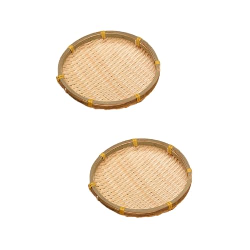 GRIRIW 2pcs Handmade Woven Basket Round Serving Trays Woven Basket Wall Decor Storage Bins Hamper Basket Empty for Kitchen Storage Baskets Round Basket Wooden