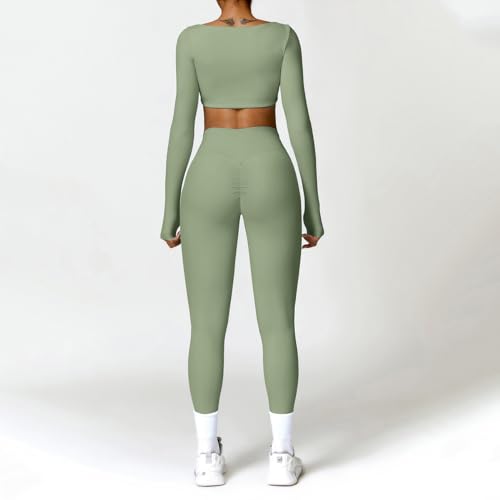 ABOCIW Workout Sets for Women 2 Piece Square Neck Long Sleeve Crop Tops High Waist Flared Leggings Gym Sets - Image 3
