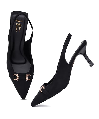 Image of JM LOOKS Women's Sophisticated Pointed Toe Slingback Kitten Heels with Metallic Buckle Accent for Professional and Evening Elegance