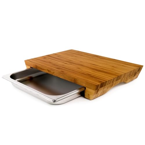 cleenbo® Schneidebrett mit Auffangschale 'Style Bamboo' Profi Holz Küchenbrett aus Bambus - Holzbrett Schneidbrett mit Auffangbehälter/Behälter (Edelstahl Schublade)...