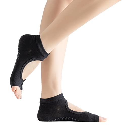 Image of Yoga Pilates Toe Socks Toeless Socks with Grips for Women Non Slip Cushioned Low Cut Ankle Socks for Dance
