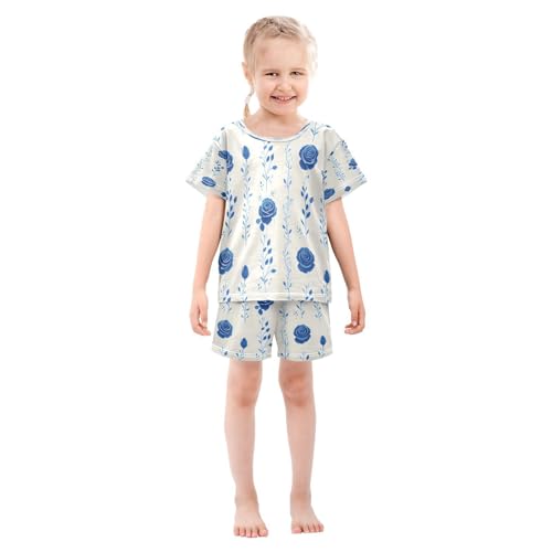 senya Short Sleeve Pajamas Sets Summer Cotton Sleepwear Blue Rose Leaves3
