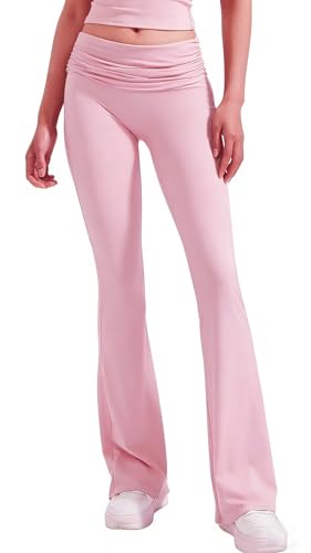 YETOWA Women Y2K High Waisted Ruched Yoga Flare Pants Tummy Control Soft Stretchy Lounge Trousers for Workout Daily Going Out Pink