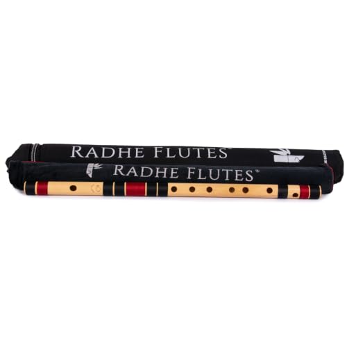 Image of Radhe Flutes Bamboo Bansuri C Sharp Right Handed Middle Octave (18 inch) With Hard Cover (Beige Flute With Black & Maroon Threads)