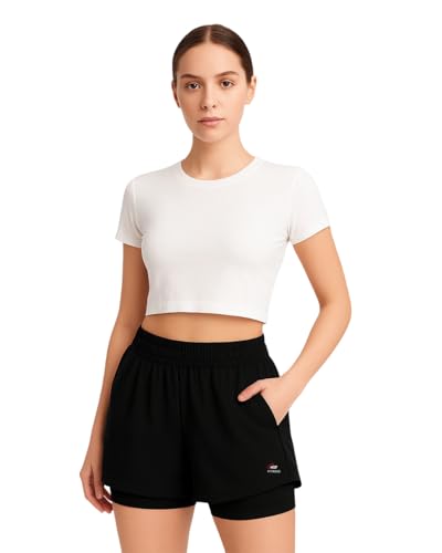 Image of Women's 2-in-1 Running Shorts | Quick-Dry Double Layer Gym Workout Shorts | Inner Compression Liner + Pockets | Lightweight Breathable Athletic Sports Shorts for Training Yoga