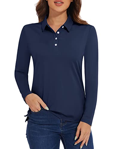MAGCOMSEN Women's Long Sleeve Polo Golf Collared Shirts SPF Shirts for Women Tennis T-Shirts V-Neck Tee Athletic Navy, XL